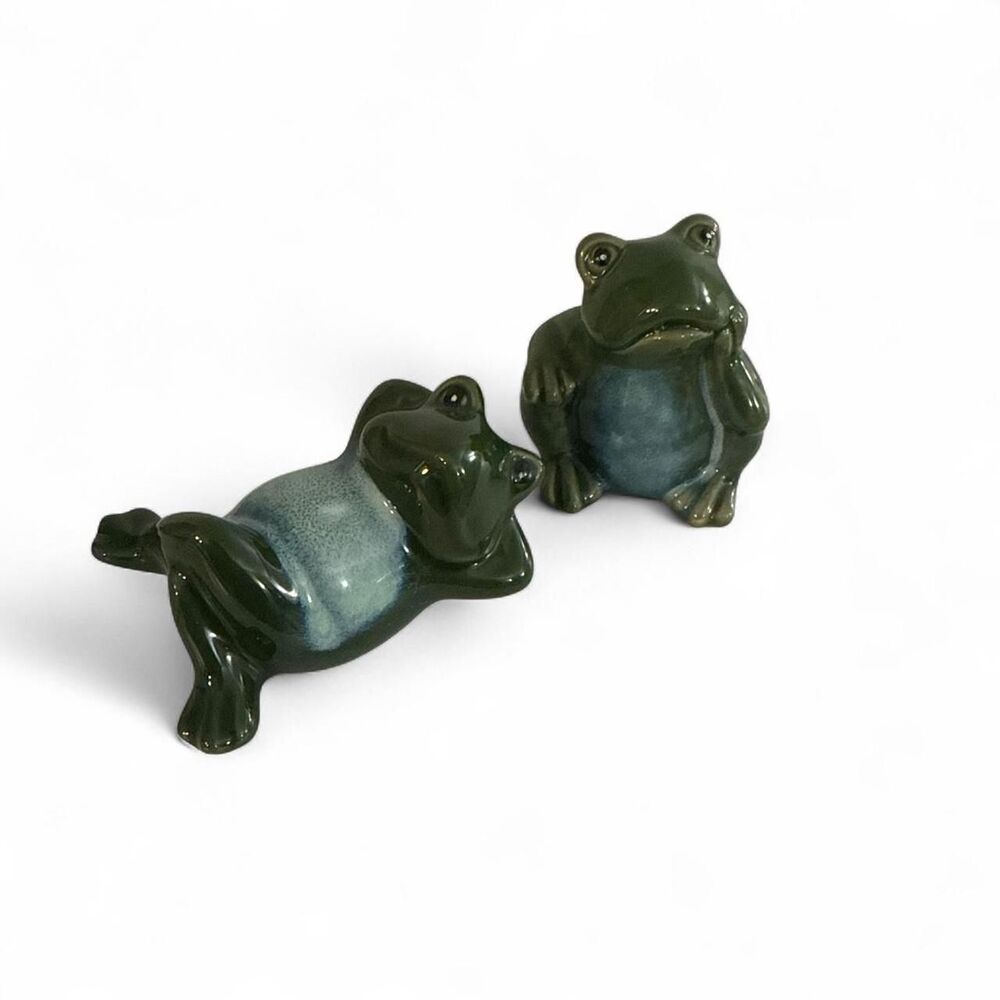 Vintage Green Ceramic Frogs Figurines Set of 2 Cottagecore Quirky Eclectic
